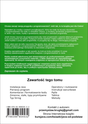 Tylna okładka książki "Java od podstaw - Tom 1" autorstwa Przemysława Krugleja